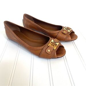 TORY BURCH Brown Pebble Leather Peep Toe CLINE Flats Women’s Size 7.5